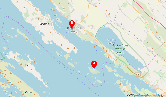 Map of ferry route between Vrgada and Biograd na Moru